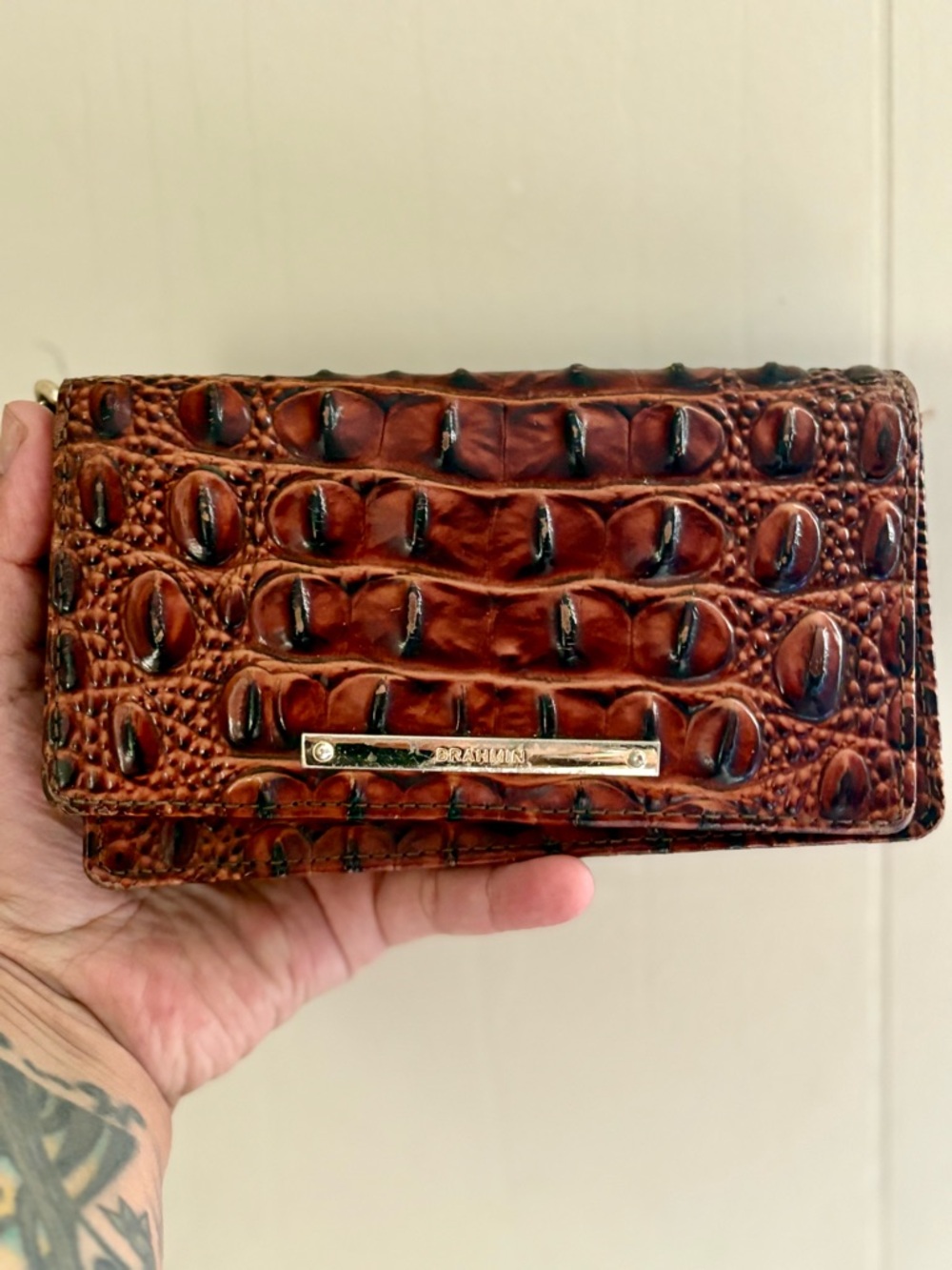 Brahmin Cognac Croc-Embossed Leather Wallet with Gold Bar